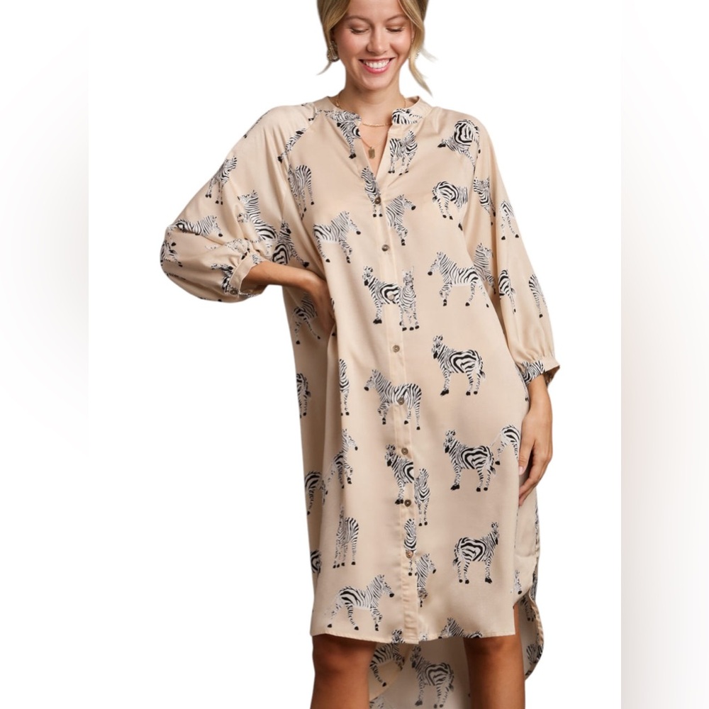 Champagne Satin Zebra Print Button Down High Low Hen Midi Dress